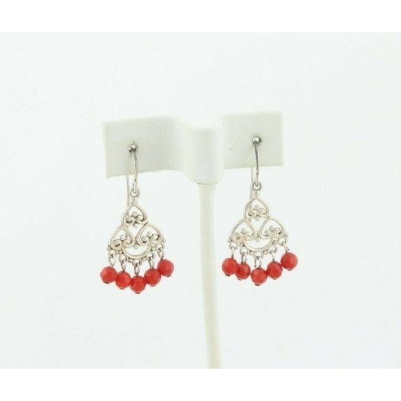 Sterling Silver Rondelle Cut Red Bead Earrings Dangle Drop Earrings - Picture 5 of 7